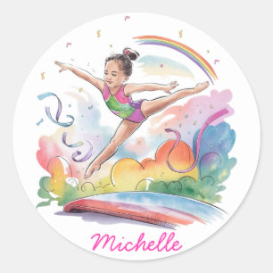 Personalised Little Gymnast Girl Christmas Pink Classic Round Sticker