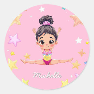 Personalised Little Gymnast Girl Christmas Pink Classic Round Sticker