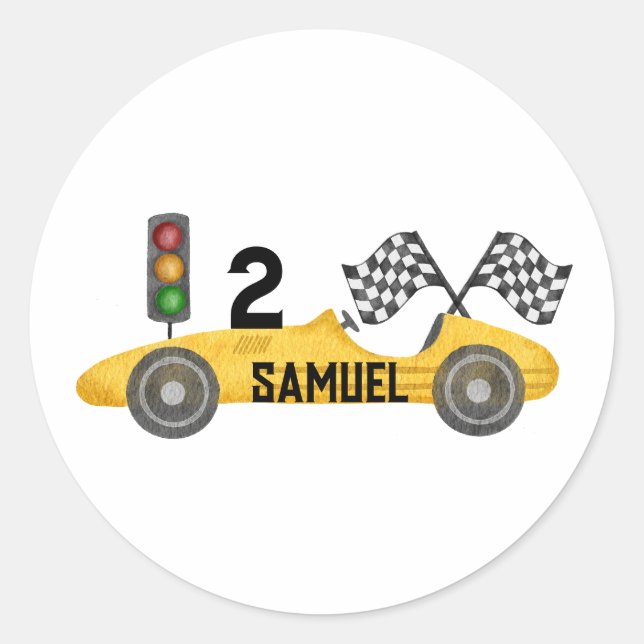 Personalised Little Racer Birthday Classic Round Sticker (Front)