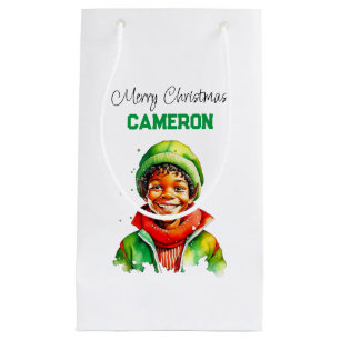 Personalised Little Vintage Boy Elf Christmas Small Gift Bag