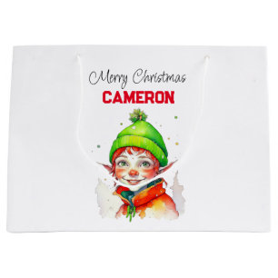 Personalised Little Vintage Girl Elf Christmas Large Gift Bag