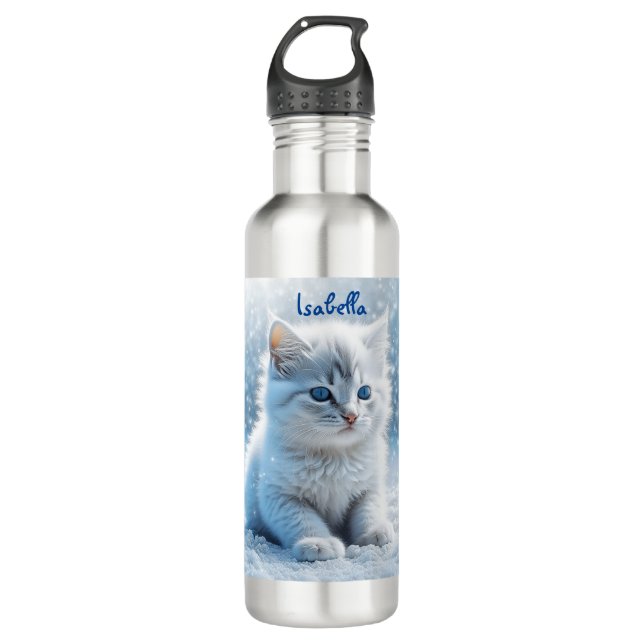 Personalised Little White Kitten in Snow 710 Ml Water Bottle (Front)