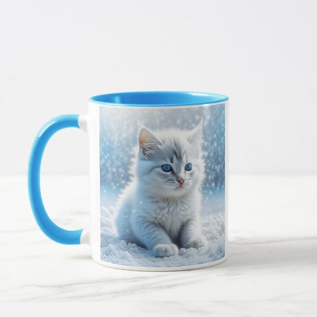 Personalised Little White Kitten in Snow Mug (Left)