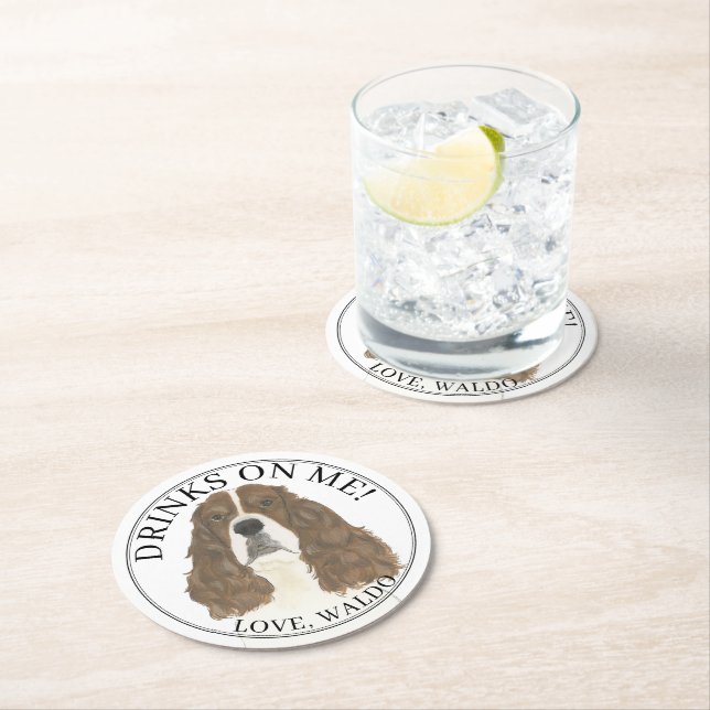 Personalised Liver White English Springer Spaniel  Round Paper Coaster (Insitu)