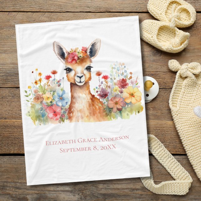 Personalised Llama Wildflowers Watercolor Baby Fleece Blanket (Llama Floral Watercolor Baby Blanket, with personalized name and birthday. Baby shower gift)