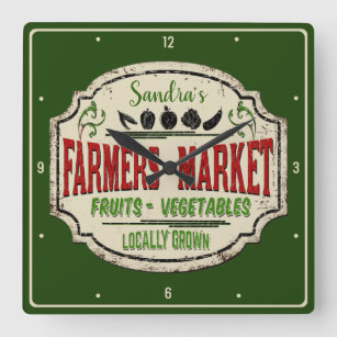 Personalised Locally Grown Garden Farmers Market Square Wall Clock