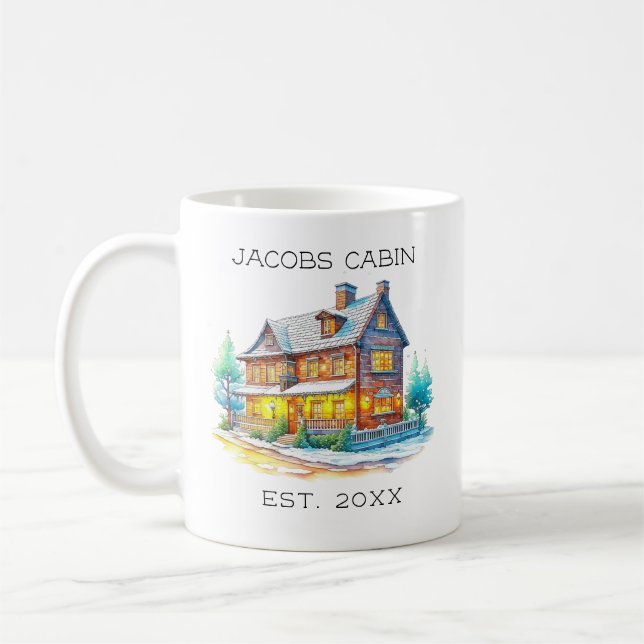 Personalised Log Cabin Christmas Coffee Mug (Left)