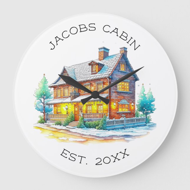 Personalised Log Cabin Christmas Large Clock (Front)
