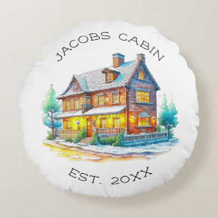 Personalised Log Cabin Christmas Round Cushion