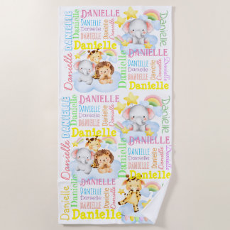 Personalised long girls name with baby animals  beach towel