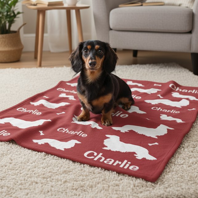 Personalised Long Hair Dachshund Red Dog Blanket  (Wiener dog Memorial Gift for dachshund parents)