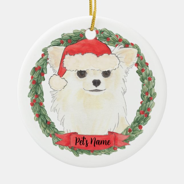 Personalised Long Haired White Cream Chihuahua  Ceramic Tree Decoration (Front)