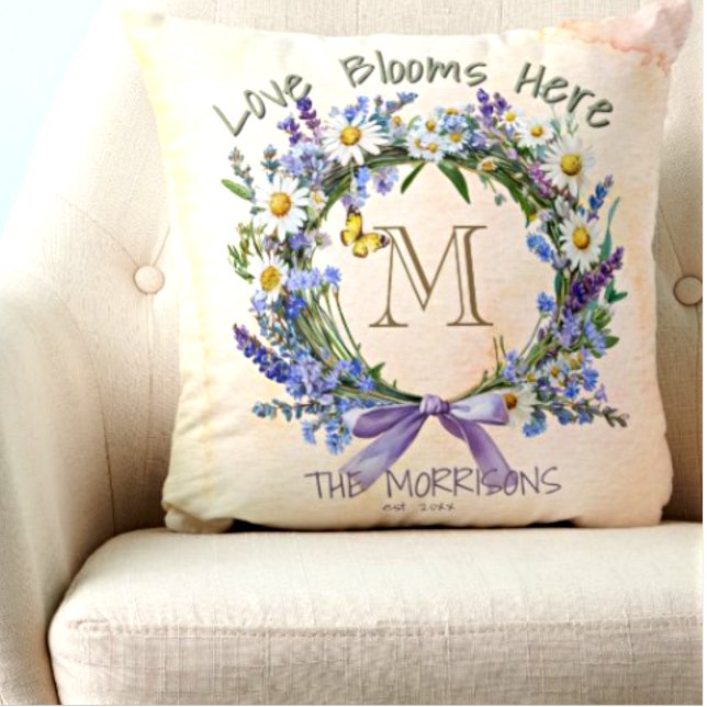 Personalised Love Blooms Here Floral Throw Pillow (Creator Uploaded)