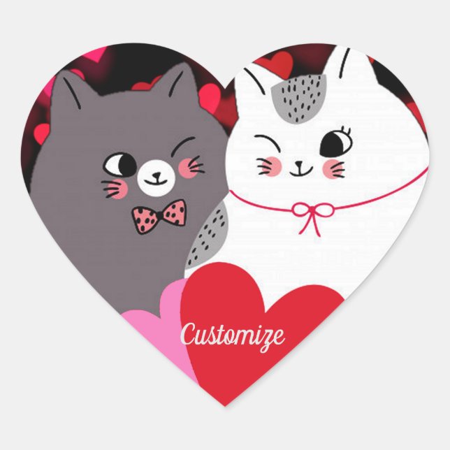 Personalised Love Cats  Heart Sticker (Front)