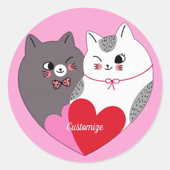 Personalised Love Cats Pink Classic Round Sticker (Front)