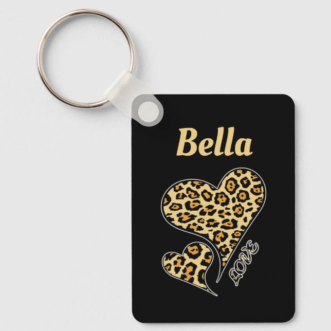 Personalised Love Heart Leopard Print Retro  Key Ring (Front)