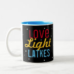 Personalised Love Light Latkes Hanukkah Funny Two-Tone Coffee Mug<br><div class="desc">Love Light Latkes Black Hanukkah Funny Quote Two-tone mug will brighten up your family Hanukkah Party! Why not make one for each guest- and use them as place cards? This colourful, humourous saying really stands out on the black starry night background. Sure to make friends & Family smile. Includes space...</div>
