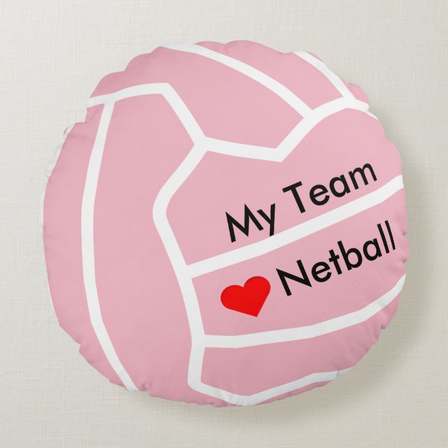 Personalised Love Netball Heart and Ball Design Round Cushion (Front)