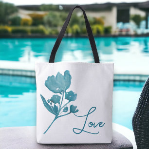 Personalised  Love Teal Watercolor Floral  Tote Ba Bag