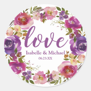 Personalised Love Wedding Purple Floral Wreath Classic Round Sticker