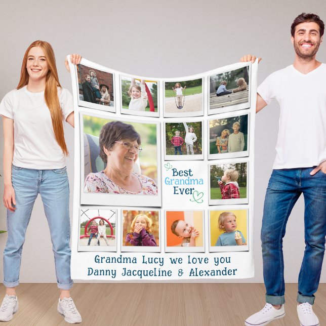 Personalised Love You Grandma Photo Fleece Blanket (Grandma photo collage blanket held up by two people)