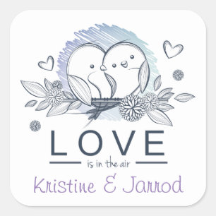 Personalised Lovebirds Purple Love Wedding Square Sticker