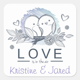 Personalised Lovebirds Purple Love Wedding Square Sticker