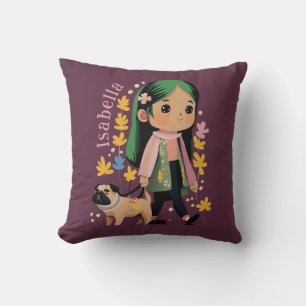 Personalised Lovely Girl Walking With Pug Cushion