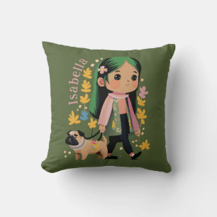 Personalised Lovely Girl Walking With Pug Cushion
