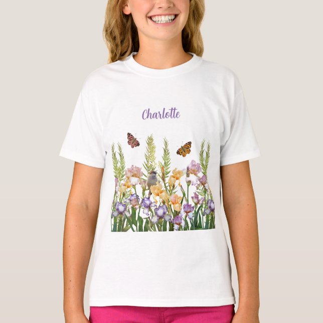 Personalised Lovely Irises, Birds Butterflies T-Shirt (Front)