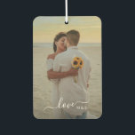 Personalised Lovers Couple Picture Love Text Car Air Freshener<br><div class="desc">Cute car air freshener featuring a romantic Love text is written in a stylish elegant typography calligraphy script font. With the option to personalise or customise with the monograms or initials of the couple, and two photos of your choice. Unique keepsake, birthday, anniversary, Valentine's Day gift, or Christmas stocking stuffer....</div>