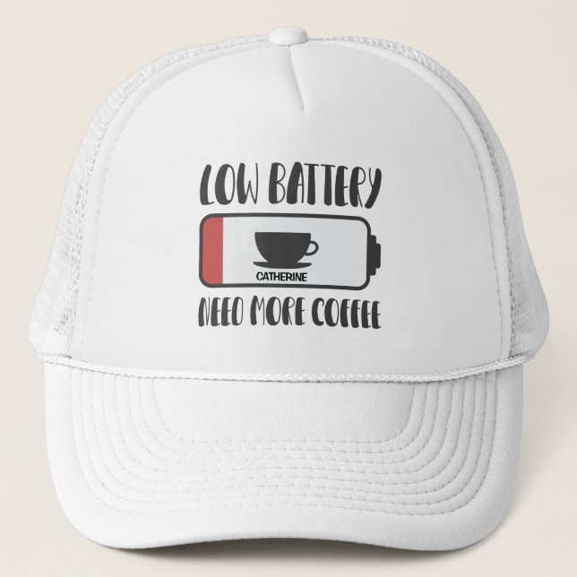 Personalised Low Battery Need More Coffee Trucker Hat (Front)