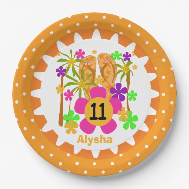 Personalised Luau 11th Birthday Paper Plates (Front)