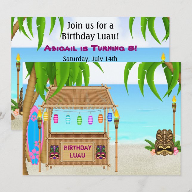 Personalised Luau Girls Beach Birthday Invitation (Front/Back)