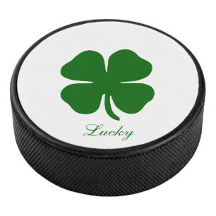 Personalised Lucky Green Clover Hockey Puck
