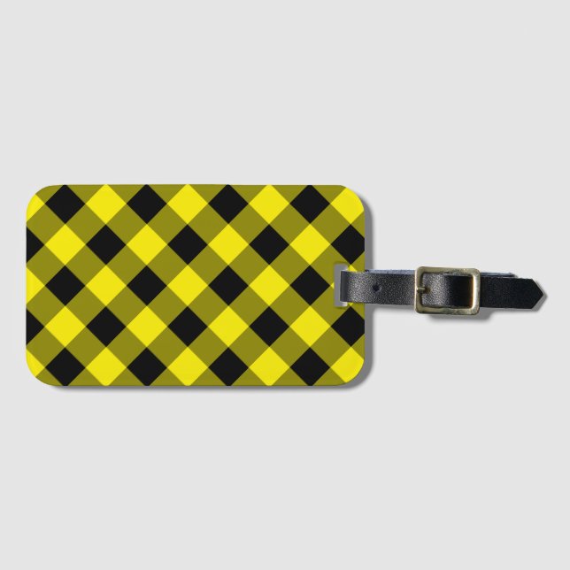 Personalised Luggage Tag Black and Yellow Checked (Front Horizontal)