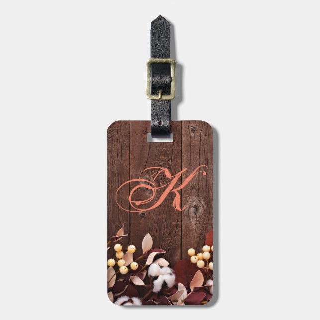 Personalised Luggage Tag Cotton Branch on Dark Woo (Front Vertical)