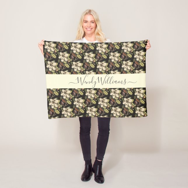Personalised Lush Painted Magnolia Blooms Pattern Fleece Blanket (In Situ)