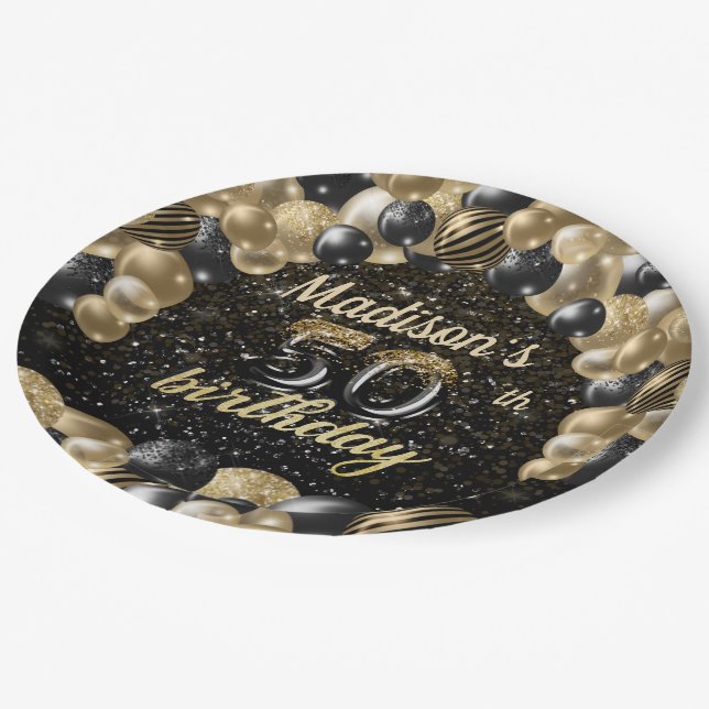 Personalised Luxury 50th Birthday Balloon Paper Pl Paper Plate (Angled)