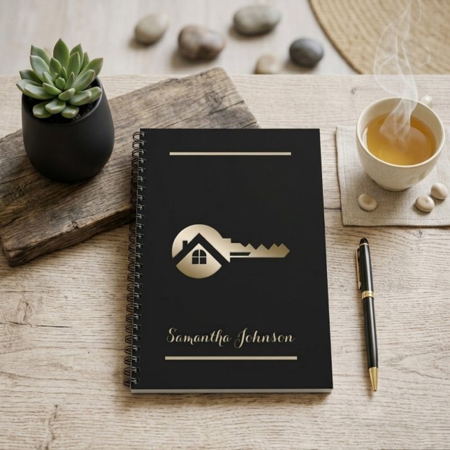 Personalised Luxury Blackwith Gold Key Real Estate Notebook (Featuring a refined gold key logo against a matte black cover, you can easily add your own name.)
