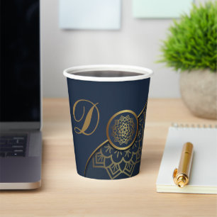 Personalised Luxury Gold Mandala Art Blue Paper Cups