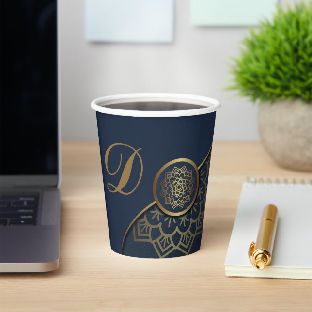 Personalised Luxury Gold Mandala Art Blue Paper Cups (Insitu)