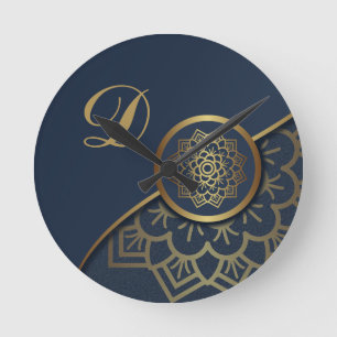 Personalised Luxury Gold Mandala Art Blue Round Clock