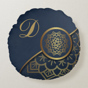 Personalised Luxury Gold Mandala Art Blue Round Cushion