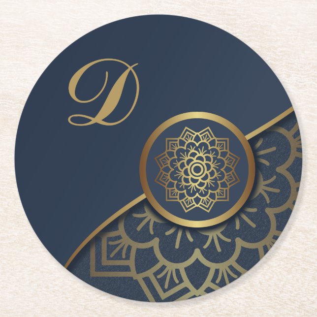 Personalised Luxury Gold Mandala Art Blue Round Paper Coaster (Front)