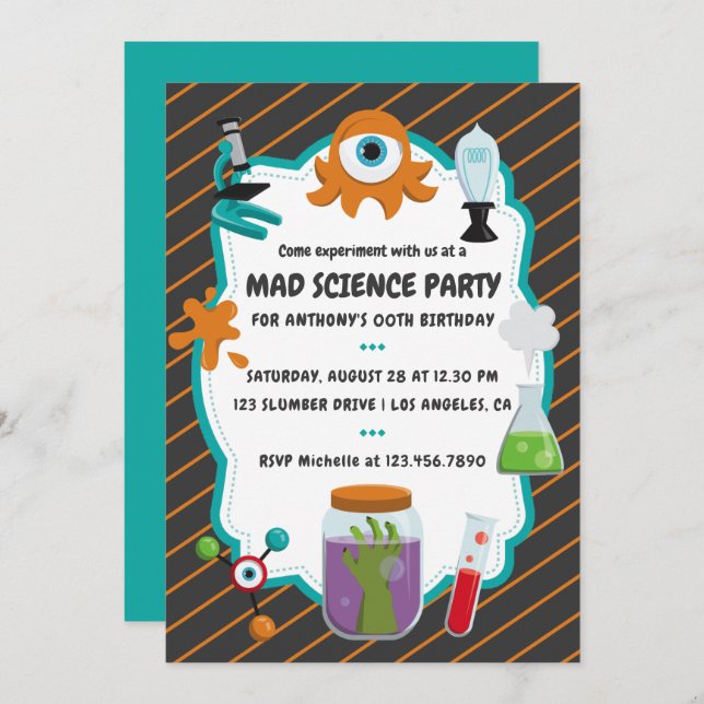 Personalised Mad Science Birthday Party Invitation (Front/Back)