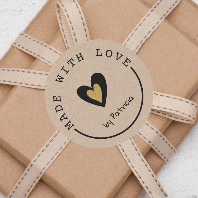 Personalised Made With Love Gold Heart Kraft    Classic Round Sticker (Creator Uploaded)