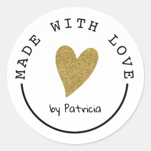 Personalised Made With Love Heart Gold Glitter Classic Round Sticker