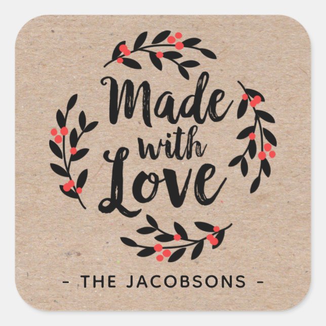 Personalised Made With Love Kraft Square Sticker (Front)