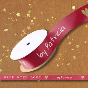 Personalised Made With Love Red And Gold Heart Satin Ribbon
